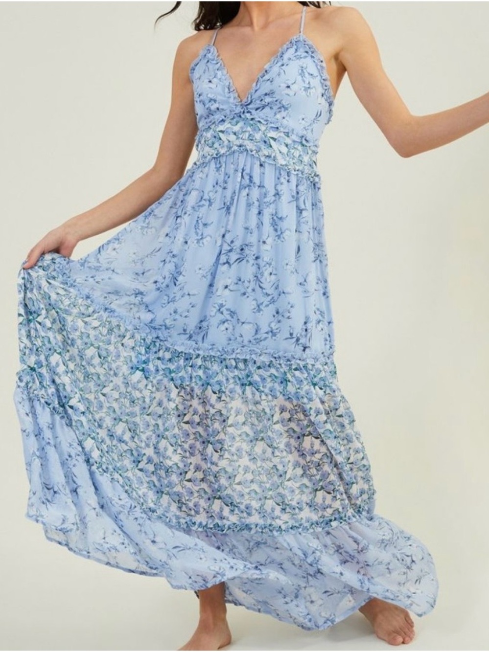 Arula Light Blue Floral Maxi Dress with Spaghetti Straps